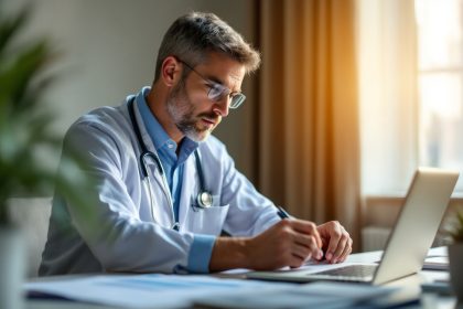 Praticien paramédical assis à un bureau, concentré sur une police d'assurance imprimée, stylo en main, ordinateur portable et dossiers visibles, lumière naturelle douce traversant la fenêtre, ambiance calme et professionnelle.