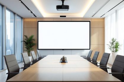 Salle de réunion moderne avec projecteur monté au plafond et grand écran de projection déroulé, longue table en bois, chaises ergonomiques, murs en verre offrant une vue sur la ville, lumière naturelle et faisceaux volumétriques doux