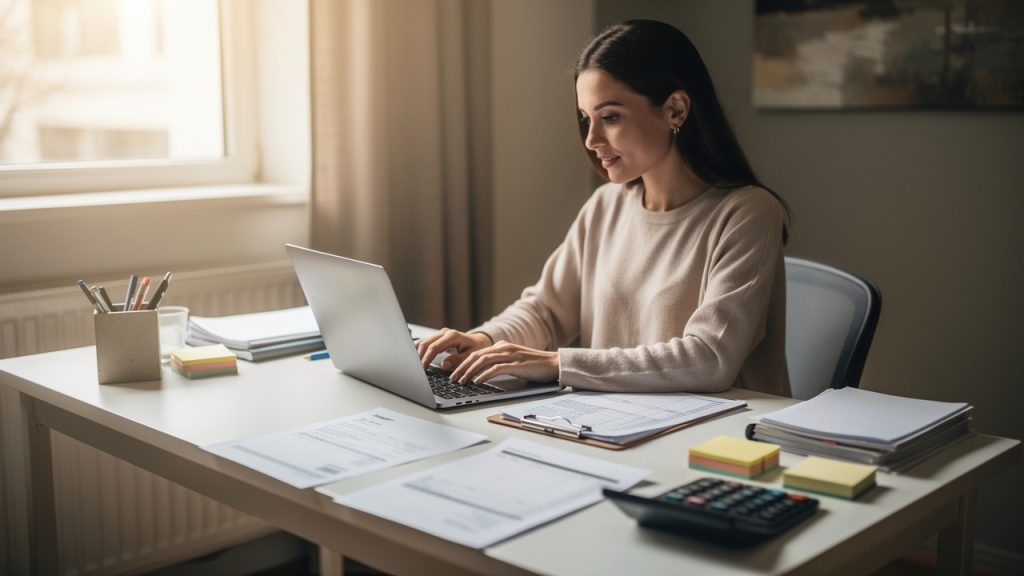 Une femme auto-entrepreneuse débutante prépare une facture sur ordinateur dans un petit bureau professionnel, avec des documents et une calculatrice à proximité.