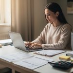 Une femme auto-entrepreneuse débutante prépare une facture sur ordinateur dans un petit bureau professionnel, avec des documents et une calculatrice à proximité.