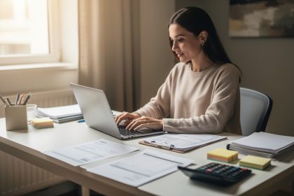 Une femme auto-entrepreneuse débutante prépare une facture sur ordinateur dans un petit bureau professionnel, avec des documents et une calculatrice à proximité.