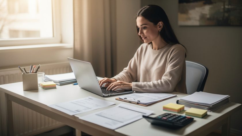 Une femme auto-entrepreneuse débutante prépare une facture sur ordinateur dans un petit bureau professionnel, avec des documents et une calculatrice à proximité.