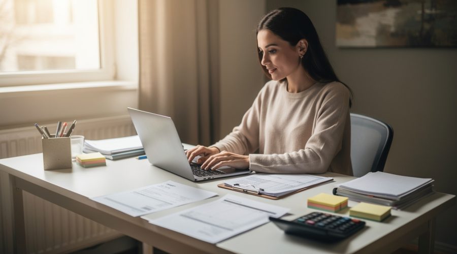 Une femme auto-entrepreneuse débutante prépare une facture sur ordinateur dans un petit bureau professionnel, avec des documents et une calculatrice à proximité.