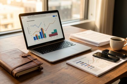 Bureau professionnel avec ordinateur portable, agenda, graphiques, documents et smartphone, ambiance entrepreneur soignée et lumineuse.