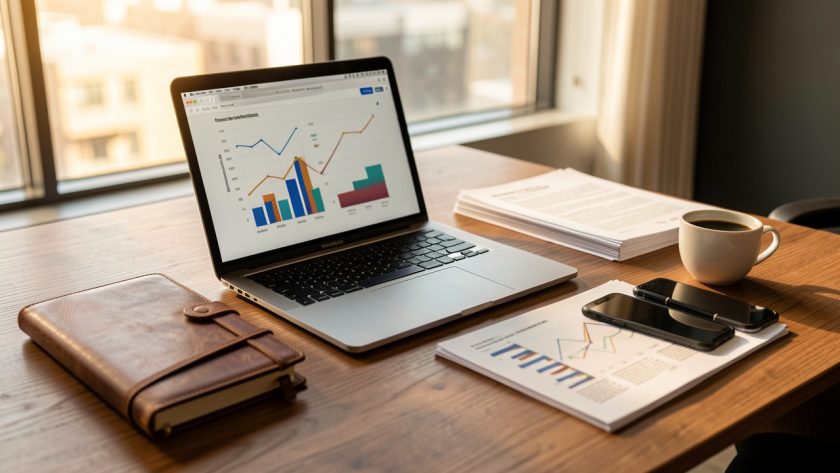 Bureau professionnel avec ordinateur portable, agenda, graphiques, documents et smartphone, ambiance entrepreneur soignée et lumineuse.