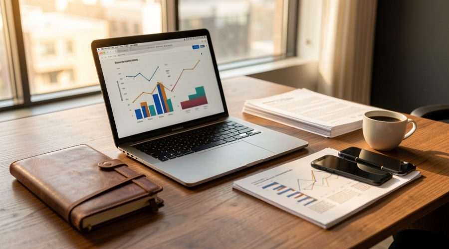 Bureau professionnel avec ordinateur portable, agenda, graphiques, documents et smartphone, ambiance entrepreneur soignée et lumineuse.
