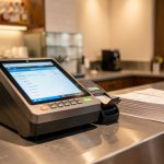 Illustration réaliste d’un comptoir de restaurant moderne avec une caisse informatisée, un terminal bancaire et des tickets de caisse, dans une ambiance professionnelle.