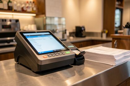 Illustration réaliste d’un comptoir de restaurant moderne avec une caisse informatisée, un terminal bancaire et des tickets de caisse, dans une ambiance professionnelle.