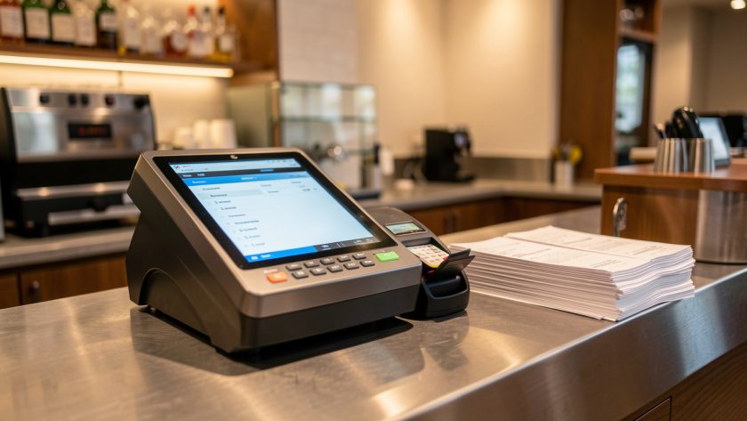 Illustration réaliste d’un comptoir de restaurant moderne avec une caisse informatisée, un terminal bancaire et des tickets de caisse, dans une ambiance professionnelle.