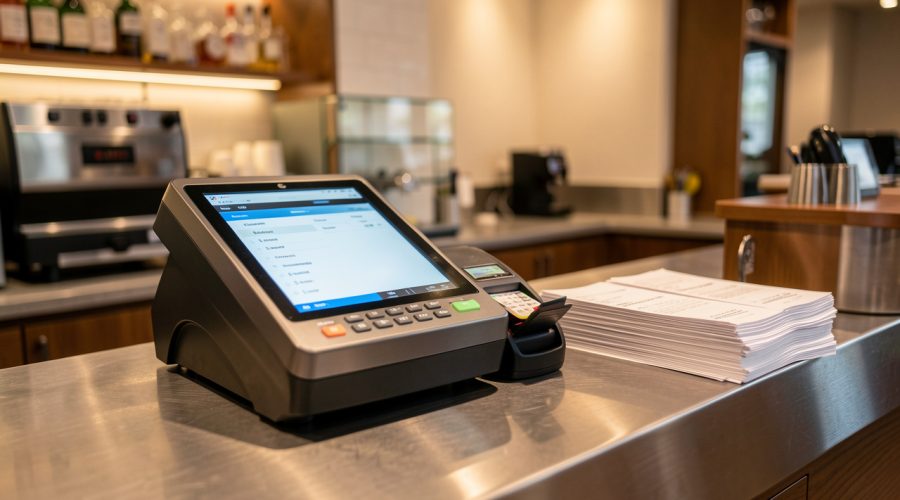 Illustration réaliste d’un comptoir de restaurant moderne avec une caisse informatisée, un terminal bancaire et des tickets de caisse, dans une ambiance professionnelle.