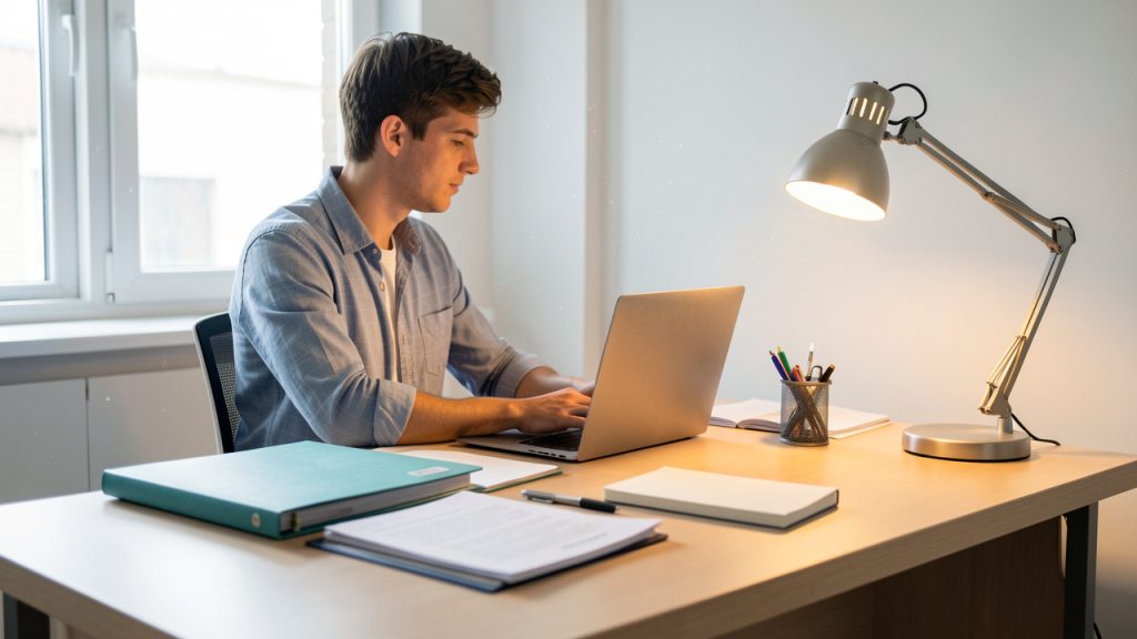 Un jeune entrepreneur range son bureau dans un espace lumineux, en plaçant un ordinateur, des documents administratifs et un carnet à côté d’un stylo.