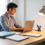 Un jeune entrepreneur range son bureau dans un espace lumineux, en plaçant un ordinateur, des documents administratifs et un carnet à côté d’un stylo.