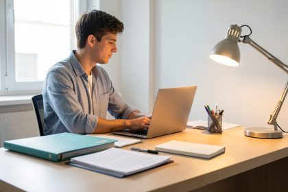 Un jeune entrepreneur range son bureau dans un espace lumineux, en plaçant un ordinateur, des documents administratifs et un carnet à côté d’un stylo.