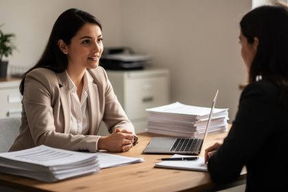 Une responsable des ressources humaines échange avec une personne d’une agence d’intérim dans un bureau de PME à Saint-Lô, autour de documents de recrutement et d’un ordinateur.