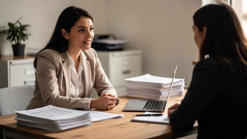 Une responsable des ressources humaines échange avec une personne d’une agence d’intérim dans un bureau de PME à Saint-Lô, autour de documents de recrutement et d’un ordinateur.