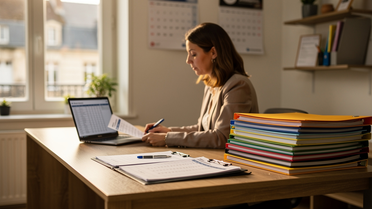 Bureau d’une agence d’emploi dans la Manche, avec une femme en tenue professionnelle consultant un ordinateur et des dossiers organisés, ambiance calme et lumière naturelle, aucun texte lisible.