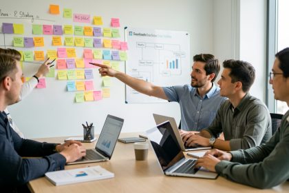 Une équipe marketing se réunit autour d’une table dans un bureau moderne, face à un mur couvert de post-it colorés et de graphiques de marque, avec des ordinateurs portables ouverts et une ambiance de travail collaborative.