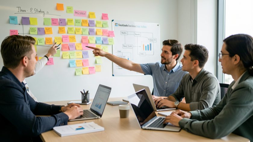 Une équipe marketing se réunit autour d’une table dans un bureau moderne, face à un mur couvert de post-it colorés et de graphiques de marque, avec des ordinateurs portables ouverts et une ambiance de travail collaborative.
