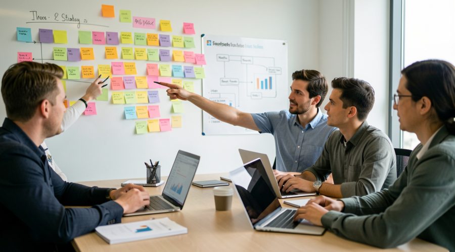 Une équipe marketing se réunit autour d’une table dans un bureau moderne, face à un mur couvert de post-it colorés et de graphiques de marque, avec des ordinateurs portables ouverts et une ambiance de travail collaborative.