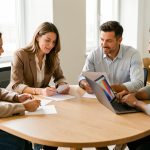Quatre professionnels, deux femmes et deux hommes, collaborent autour d’une table dans un bureau moderne et lumineux, avec des documents vierges et un ordinateur portable.
