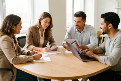 Quatre professionnels, deux femmes et deux hommes, collaborent autour d’une table dans un bureau moderne et lumineux, avec des documents vierges et un ordinateur portable.
