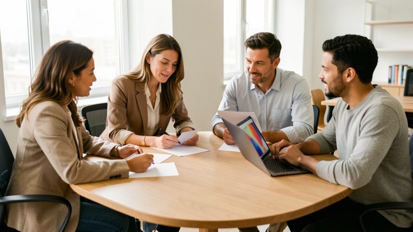 Quatre professionnels, deux femmes et deux hommes, collaborent autour d’une table dans un bureau moderne et lumineux, avec des documents vierges et un ordinateur portable.