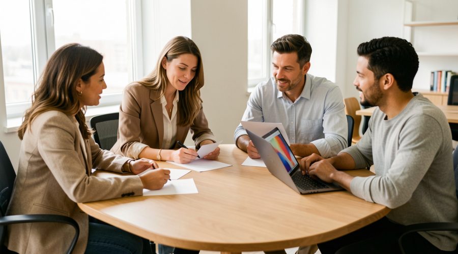 Quatre professionnels, deux femmes et deux hommes, collaborent autour d’une table dans un bureau moderne et lumineux, avec des documents vierges et un ordinateur portable.
