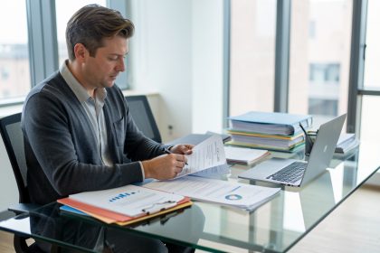 Un manager de PME examine des dossiers et planifie des recrutements lors d’une réunion RH dans un bureau moderne, avec ordinateur portable et documents sur un bureau en verre.