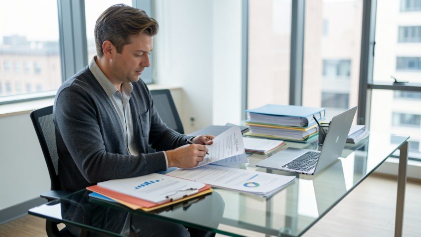 Un manager de PME examine des dossiers et planifie des recrutements lors d’une réunion RH dans un bureau moderne, avec ordinateur portable et documents sur un bureau en verre.