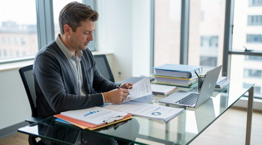 Un manager de PME examine des dossiers et planifie des recrutements lors d’une réunion RH dans un bureau moderne, avec ordinateur portable et documents sur un bureau en verre.
