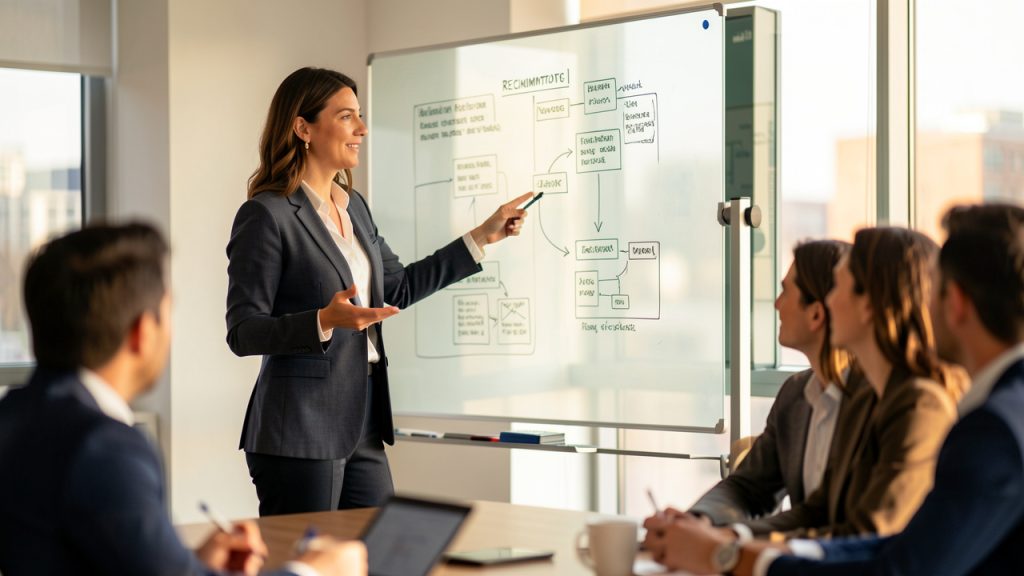 Réunion en bureau moderne : une responsable RH, une femme en costume, discute et montre un tableau de recrutement dans une salle de réunion lumineuse.