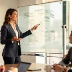 Réunion en bureau moderne : une responsable RH, une femme en costume, discute et montre un tableau de recrutement dans une salle de réunion lumineuse.