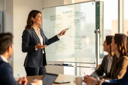 Réunion en bureau moderne : une responsable RH, une femme en costume, discute et montre un tableau de recrutement dans une salle de réunion lumineuse.