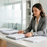 Une dirigeante organise des dossiers de contrats et de finances sur un bureau moderne dans un environnement professionnel lumineux.