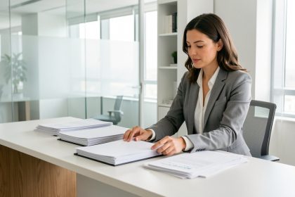 Une dirigeante organise des dossiers de contrats et de finances sur un bureau moderne dans un environnement professionnel lumineux.
