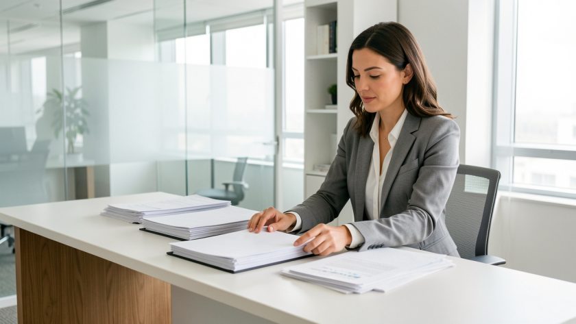 Une dirigeante organise des dossiers de contrats et de finances sur un bureau moderne dans un environnement professionnel lumineux.