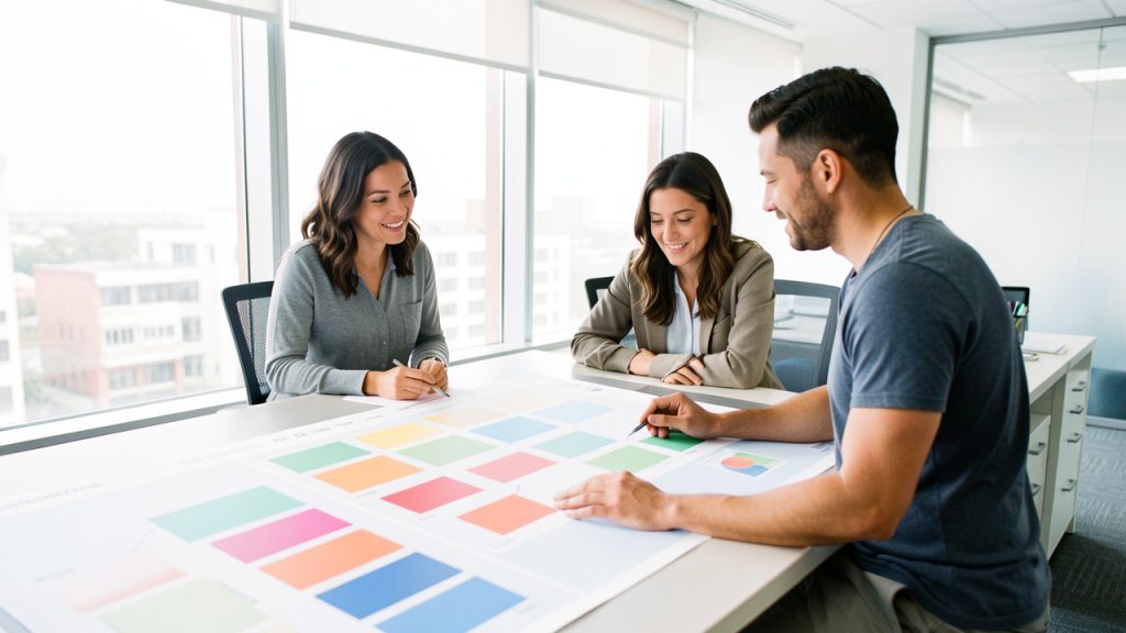 Équipe de bureau composée de deux femmes et d’un homme consultant ensemble un planning numérique visuel dans un espace professionnel lumineux.