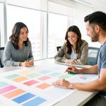 Équipe de bureau composée de deux femmes et d’un homme consultant ensemble un planning numérique visuel dans un espace professionnel lumineux.