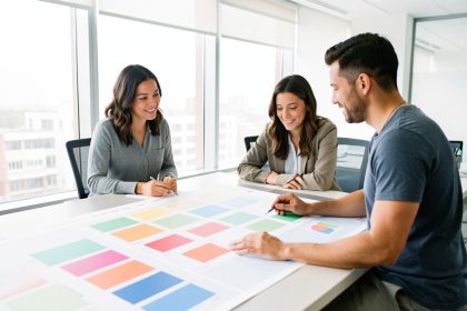 Équipe de bureau composée de deux femmes et d’un homme consultant ensemble un planning numérique visuel dans un espace professionnel lumineux.