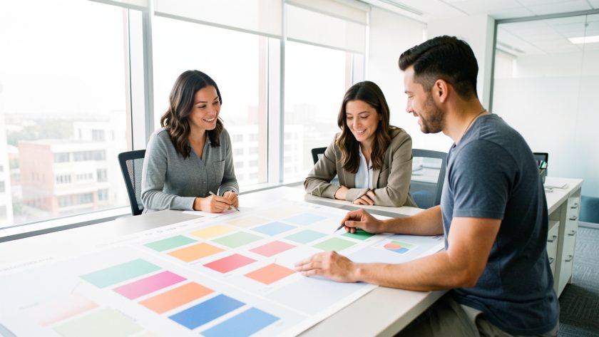 Équipe de bureau composée de deux femmes et d’un homme consultant ensemble un planning numérique visuel dans un espace professionnel lumineux.