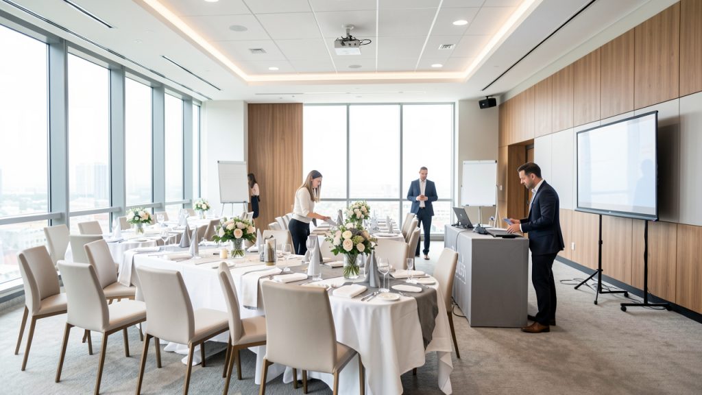 Une équipe composée de deux femmes et de deux hommes prépare un événement d’entreprise dans une salle moderne et lumineuse.
