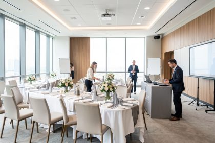 Une équipe composée de deux femmes et de deux hommes prépare un événement d’entreprise dans une salle moderne et lumineuse.