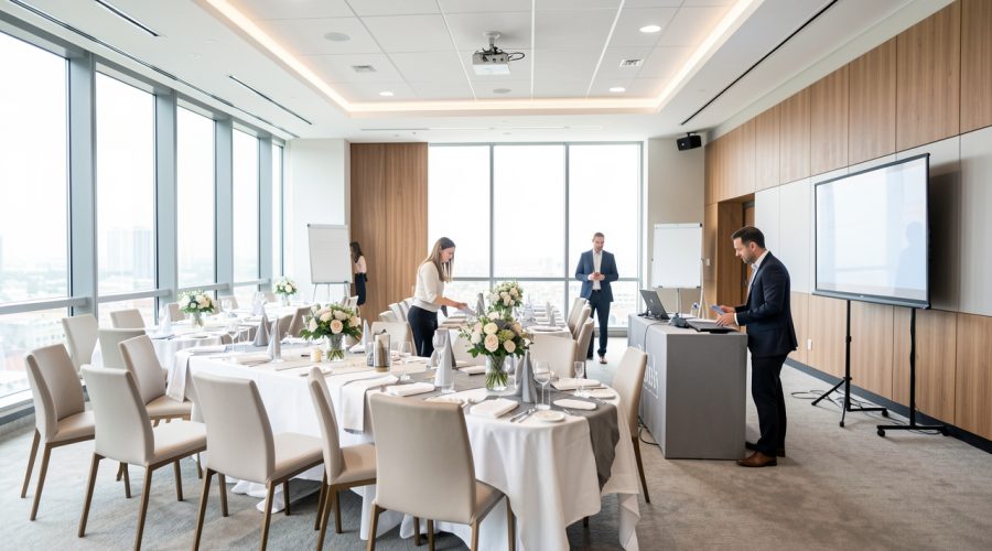 Une équipe composée de deux femmes et de deux hommes prépare un événement d’entreprise dans une salle moderne et lumineuse.