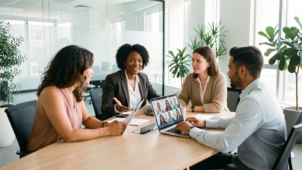 Équipe professionnelle composée de femmes et d’hommes réunie dans un bureau moderne et lumineux, avec une visioconférence affichée sur un ordinateur.