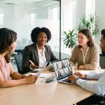 Équipe professionnelle composée de femmes et d’hommes réunie dans un bureau moderne et lumineux, avec une visioconférence affichée sur un ordinateur.