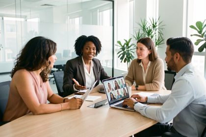 Équipe professionnelle composée de femmes et d’hommes réunie dans un bureau moderne et lumineux, avec une visioconférence affichée sur un ordinateur.