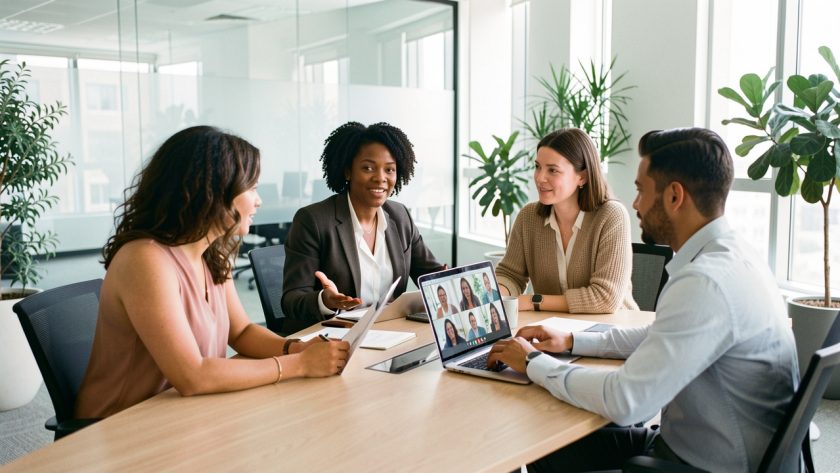 Équipe professionnelle composée de femmes et d’hommes réunie dans un bureau moderne et lumineux, avec une visioconférence affichée sur un ordinateur.