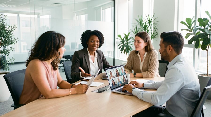 Équipe professionnelle composée de femmes et d’hommes réunie dans un bureau moderne et lumineux, avec une visioconférence affichée sur un ordinateur.