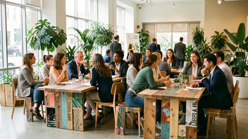 Des femmes et des hommes participent à un événement professionnel écoresponsable dans un lieu lumineux entouré de végétation et aménagé avec des matériaux réemployés.