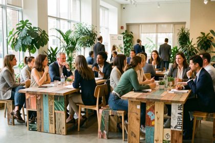 Des femmes et des hommes participent à un événement professionnel écoresponsable dans un lieu lumineux entouré de végétation et aménagé avec des matériaux réemployés.